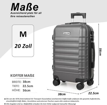 Ручна поклажа, 20-дюймова валіза з твердою оболонкою, візок, легка валіза на колесах з ABS-пластику, дорожня валіза з 4 колесами, 3-значний кодовий замок (темно-сірий, 41 л) Темно-сіра ручна поклажа (M)
