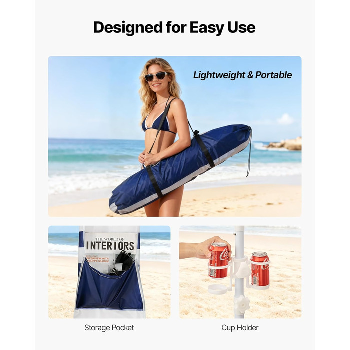 Пляжний навіс VEVOR, 2,4 x 2,4 м з бічною стінкою, сонцезахисний фактор UPF 50, кабіна з мішками з піском, регульований по висоті портативний сонцезахисний навіс для сімей, темно-сині смужки
