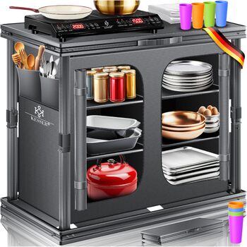 Складана кемпінгова кухня KESSER Кемпінгова шафа для вулиці 84x80 см Кухонна шафа з алюмінієвим каркасом, 6 полиць, включаючи набір чашок з 4 предметів, бічні кишені та москітну сітку Кемпінгова кухня виготовлена з тканини, стійкої до ультрафіолету, 6 пол