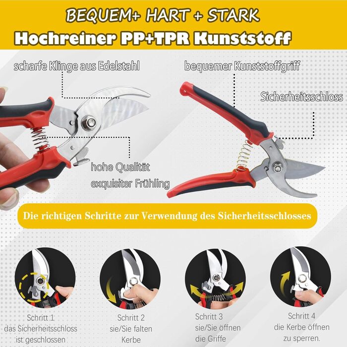 Набір садових ножиць/ножиць для дерев/ножиць для троянд із 4 предметів із сумкою для зберігання, набір садових інструментів для гілок, рослин, квітів, фруктів, гілочок діаметром різання до 23 мм