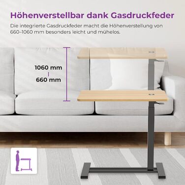 Бічний столик Spacetronik з регульованою висотою, мобільний журнальний столик з прихованими колесами, столик для ноутбука з ручним регулюванням висоти 66106 см, тумбочка для дивана, ліжко (білий/дерево, 80x45 см) білий/дерево 80x45 см