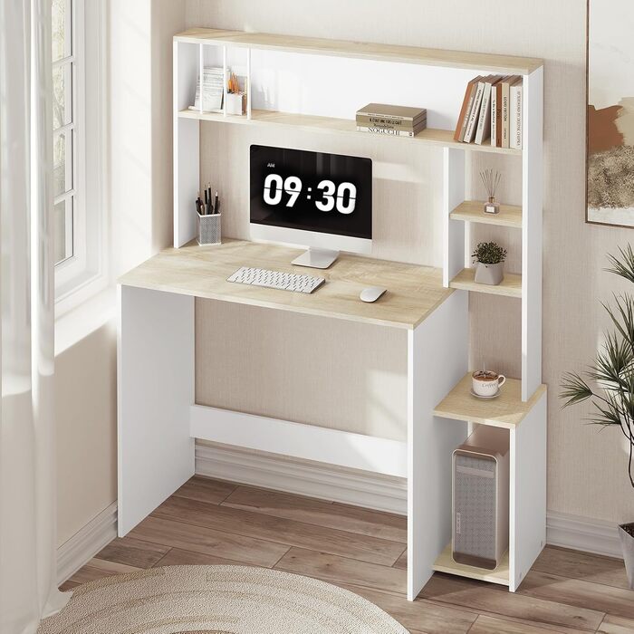 Письмовий стіл eSituro, комп&39ютерний стіл з 5 полицями, офісний стіл під біле дерево, ігровий стіл з місцем для зберігання, ПК-стіл для домашнього офісу, офісу, вітальні, 113,5x139x45 см білий дуб