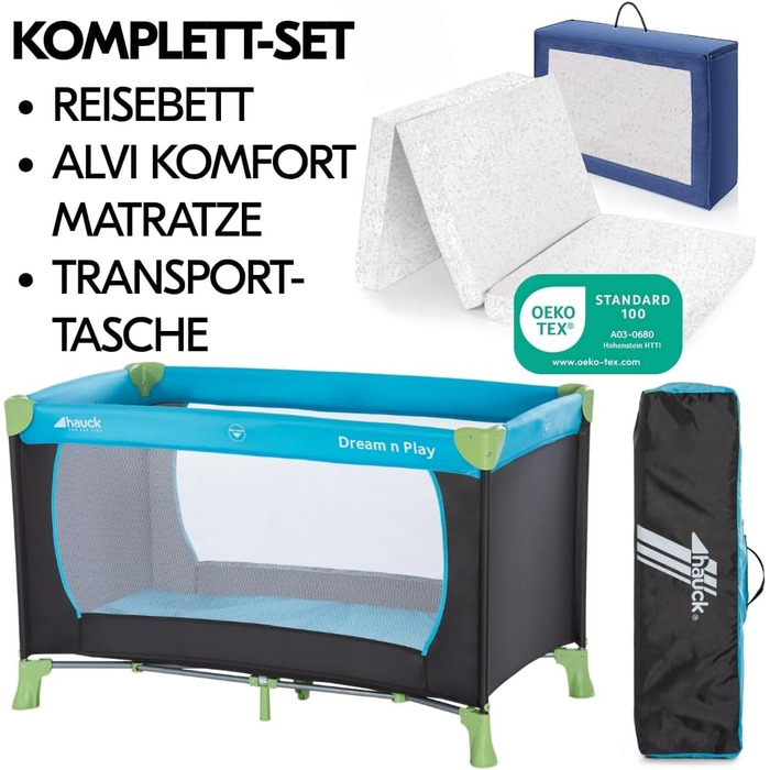 Дитяче ліжечко Hauck Dream n Play з матрацом - Складане дитяче ліжечко з сумкою - Водяно-блакитний