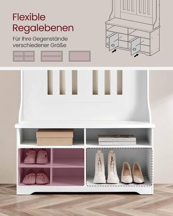 Вішалка для верхнього одягу VASAGLE з лавкою для взуття, шафа, місце для зберігання взуття, 5 потрійних гачків, окремостояча, компактна, для вхідної зони, коридору, регульовані полиці, хмарно-білий HSR404T10