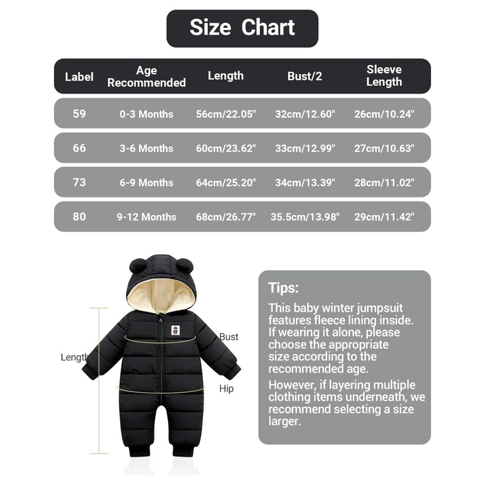 Дитячий зимовий комбінезон з капюшоном, зимовий комбінезон для хлопчиків та дівчаток, комбінезон з довгими рукавами, теплий одяг, подарунок, 9-12 місяців (), чорний