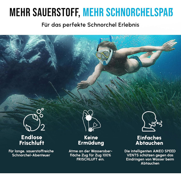 Сноркель Fresh Air - Тренажер для басейнів та відкритої води, для дорослих та дітей - Набір для сноркелінгу з інтелектуальною системою клапанів та 100 сухим повітрям для дихання, синій/синій