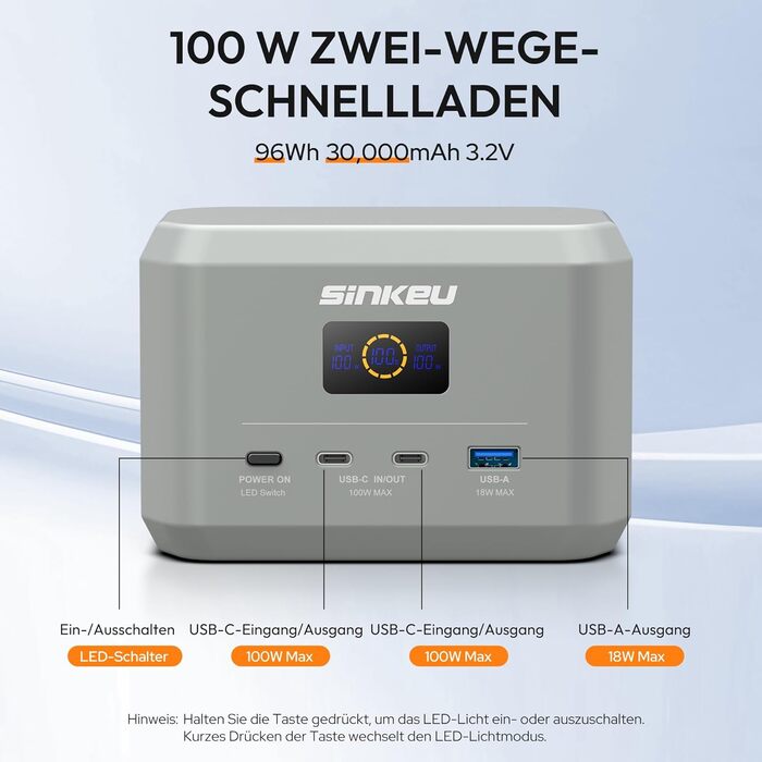 Портативна електростанція SinKeu, акумулятор LiFePO4 ємністю 96 Втгод / 30 000 мАг з 3 портами, швидка зарядка USB-C 100 Вт на вході/виході для подорожей, аварійне джерело живлення DE-E100