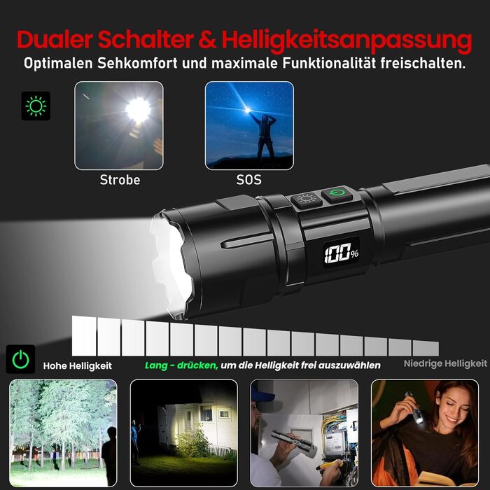 Акумуляторний світлодіодний ліхтарик Shadowhawk (2 шт.) Тактичний ліхтарик (2 перемикачі) 500 000 люменів надзвичайно яскравий, дальність до 1000 м, 12 годин роботи для кемпінгу/природи/походів, регульована яскравість, чорний