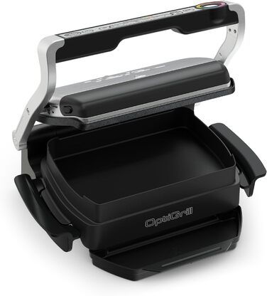 Контактний гриль Tefal OptiGrill & Bake з деком для випікання, 6 програм, індикатор рівня приготування, знімні пластини, електричний гриль, нержавіюча сталь, GC714D10, срібло