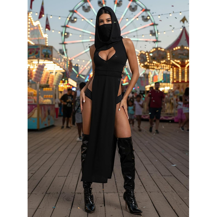 Жіноча сексуальна прозора готична сукня з капюшоном, коміром, без рукавів, костюм на Хелловін, EDM фестиваль, рейв-костюм, чорний колір, розмір M