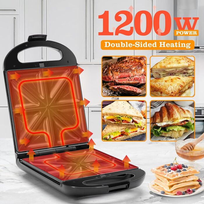 Бутербродниця Bruno 3 в 1, вафельниця, деко для випічки, 1200 Вт, для 4 сендвічів, знімний піддон з антипригарним покриттям, поворот на 180 для швидкого та рівномірного випікання, без бісфенолу А