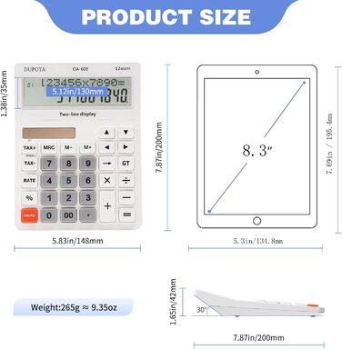 Настільний калькулятор, великі кнопки, 2 ряди, надвеликий дисплей, 12-розрядний настільний калькулятор, офісний калькулятор, податковий калькулятор, великий розмір (OA-608)
