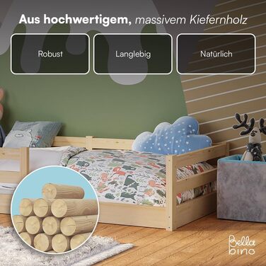 Ліжко Bellabino Iskri на підлозі 90x200 см Дитяче ліжко Монтессорі із захистом від падіння та рейковою основою Дерев&39яне ліжко для хлопчиків та дівчаток з масиву сосни натурального кольору Дитяче ліжко натурального кольору 90x200 см без матраца