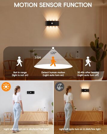 Настінний LED-світильник 8 Вт з датчиком руху, чорний Kinamy