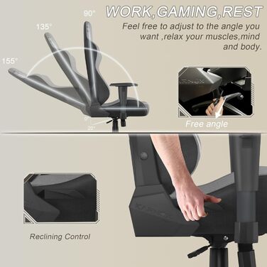 Ігрове крісло з ергономічною тканиною для дорослих, офісне крісло з високою спинкою, обертове робоче крісло, спортивне крісло з підголівником та поперековою опорою для підлітків, сріблясто-сіре, 54,5x50x132 см