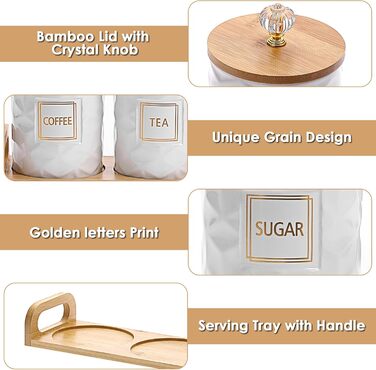 Набір керамічних контейнерів для зберігання, біла керамічна банка з бамбуковою кришкою та підносом, герметичні контейнери для зберігання продуктів на кухонній стільниці, 3 контейнери для цукру, кави, чаю, місткістю 1 літр кожен