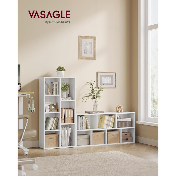 Книжкова шафа VASAGLE, книжкова полиця, з 7 відділеннями, офісна полиця, кубічна полиця, окремостояча полиця, для вітальні, спальні, офісу, дитячої кімнати, біла LBC27WT Біла 7 відділень (24Г x 50Ш x 106В см)