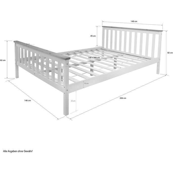 Дерев&39яне ліжко 140x200 з рейковою основою, двоспальне ліжко білого кольору, масив сосни 140 x 200 см, 4u 1843