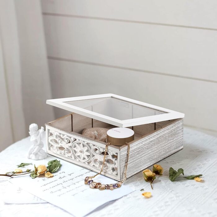 Вінтажна чайна коробка - Дерев&39яна коробка для зберігання чайних пакетиків - Коробка для чайних пакетиків з оглядовим віконцем - Чайний ящик з 9 відділеннями - Колір &quotшеббі-білий&quot