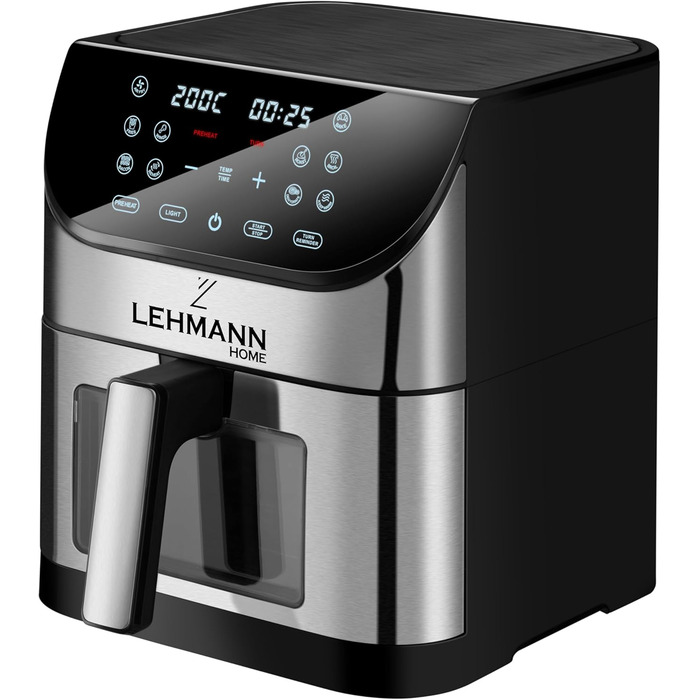 Фритюрниця Lehmann XXL з кошиком 8 л і оглядовим вікном, фритюрниця без олії з підсвічуванням, 1800 Вт, регулювання температури до 200C, фритюрниця з 10 програмами, таймером і сенсорним дисплеєм