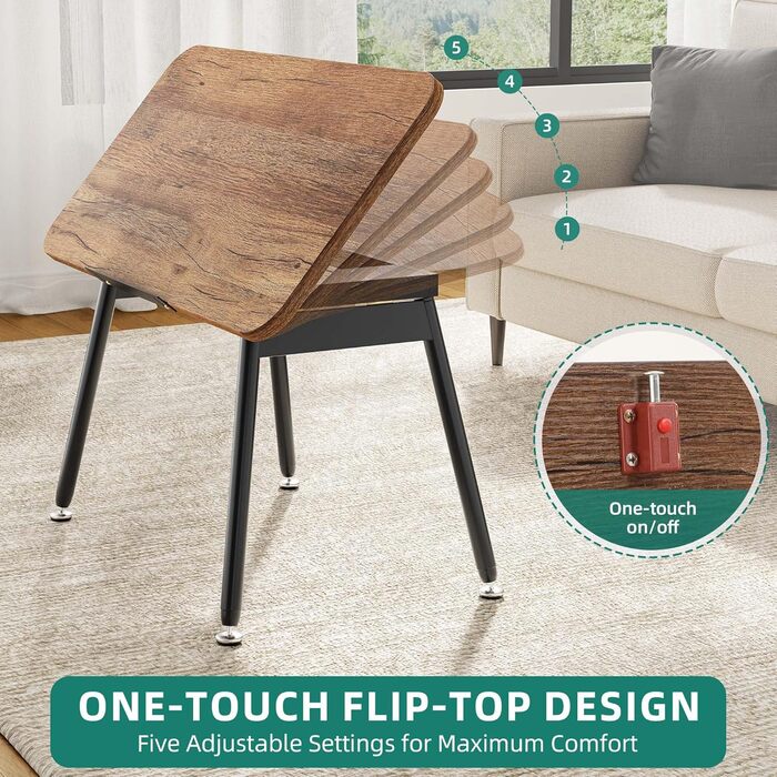 Складаний журнальний столик YITAHOME, 80 x 40 x 45 см, Портативний журнальний столик із 5-позиційним регулюванням стільниці, Не потребує встановлення, Приставний столик для вітальні, Журнальний столик, Колір горіха