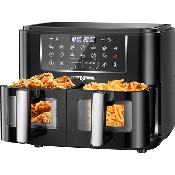 Фритюрниця PARIS RHNE 9.5 л, фритюрниця XXL двокамерна з оглядовим вікном, фритюрниця 12-в-1, смаження гарячим повітрям без олії, безпечна посудомийна машина, аерофритюрниця енергозберігаюча 9.5 л чорна