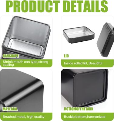 Класичних квадратних чайних банок, 7 x 7 x 8,5 см, для розсипного чаю, включаючи 20 етикеток, набір металевих ароматизованих чайних банок, місце для зберігання чаю, кави, цукру (чорні), 10