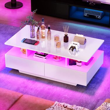 Білий журнальний столик YITAHOME, глянцевий стіл для вітальні з 16-кольоровим світлодіодним підсвічуванням, сучасний бічний столик з відкритою полицею та 4 висувними шухлядами, 90x55x41,1 см