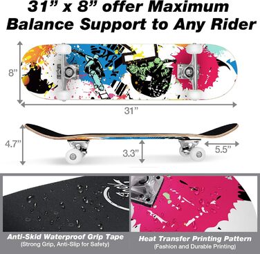 Скейтборд для дітей, підлітків та дорослих BELEEV Cruiser Skateboard 31 x 8 Inch – Red