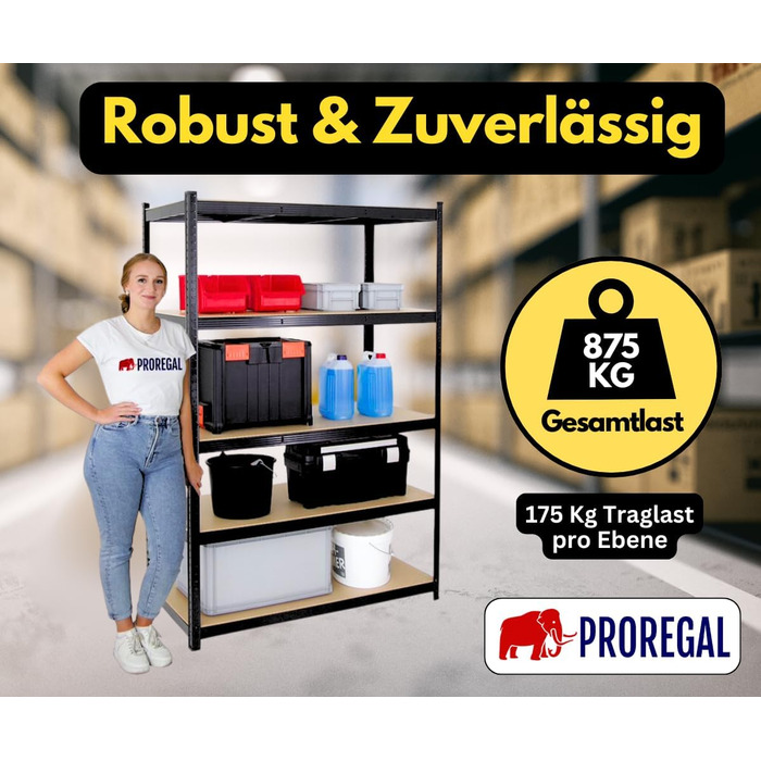 Надміцний стелаж Taurus Black 180x120x60 см Загальне навантаження 875 кг Стелаж для підвалу, стелаж без болтів, гаражний стелаж, стелаж для зберігання 180x120x60 см - Навантаження на полицю 175 кг Чорний