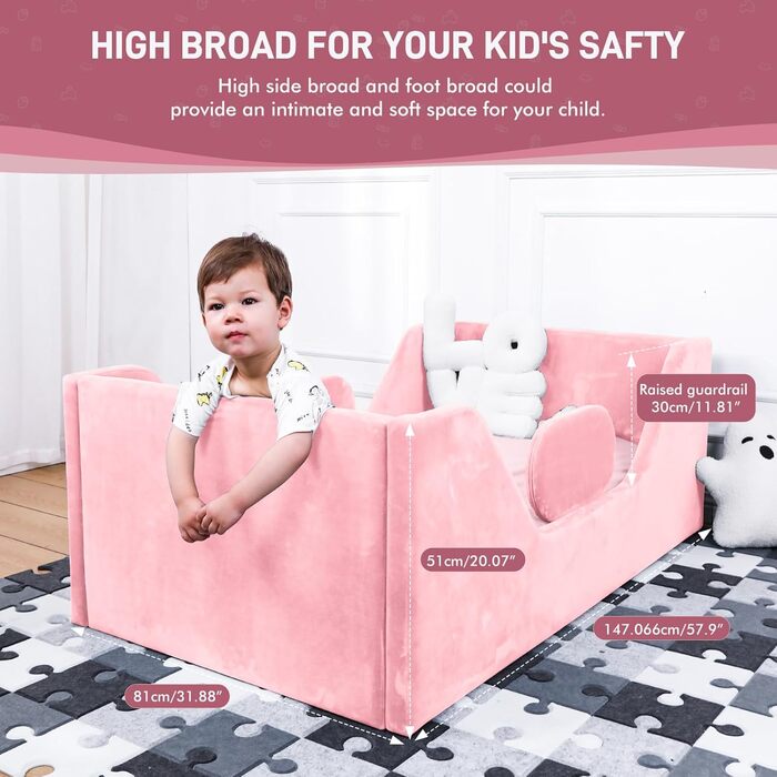 Дитяче ліжечко, дитяче ліжко для дітей з додатковою безпекою та широким каркасом стандартного розміру для малюків із сертифікованою тканиною (яскраво-рожевий)