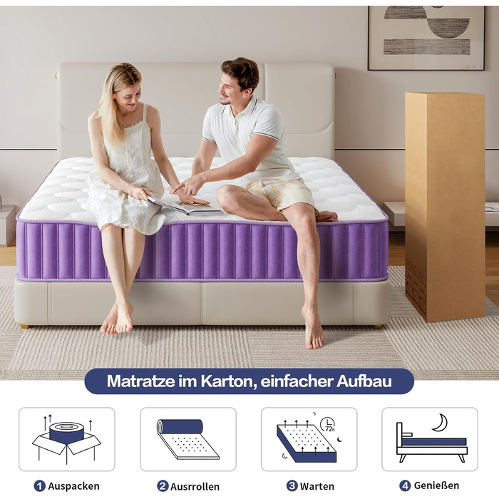 Матрац 160x200 см, рівень жорсткості H4, пружинний матрац, висота 25 см з піною з ефектом пам&39яті, 7-зонний пружинний матрац кишенькової форми з високоякісною піною для підтримки спини, ергономічна підтримка, 160x200x25 см, 25 см (фіолетовий)