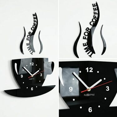 Настінний годинник FLEXISTYLE Tasse Zeit fr Kaffee для сучасної кухні, чорний, 3D римські цифри, декор, 32 x 19 см