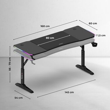 Ігровий стіл huzaro Hero 4.6 RGB - Регульована висота* - Стіл 160x60 см - Поверхня з вуглецевого волокна - Організатор кабелів - Підстаканник та тримач для навушників - ПК-стіл для офісу/домашнього офісу - Чорний RGB