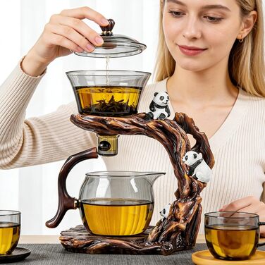 Скляний чайний набір Ледачий Кунг-Фу, чайник з інфузером та магнітною підставкою, прозорий для розсипного чаю, кави та квіткового чаю, з піддоном для крапель