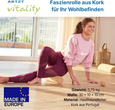 Корковий ролик для фасцій Масажний ролик для фасцій, виготовлений зі 100 корку Екологічний та антибактеріальний Масажний ролик для фасцій Корковий ролик, виготовлений у Португалії, бежевий, 30 x 10 см