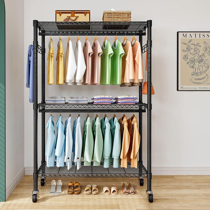 Вішалка для одягу на колесах, штанга для одягу, міцна металева вішалка для одягу, шафа з 3 шт. ангами для одягу та полицею, гачки (чорна, 45 Г x 120 Ш x 205 В) 45 Г x 120 Ш x 205 В Чорний