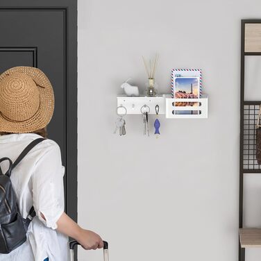 Ключниця з полицею, металева ключниця настінна з 5 гачками для ключів біла настінний органайзер для пошти ключниця для зберігання