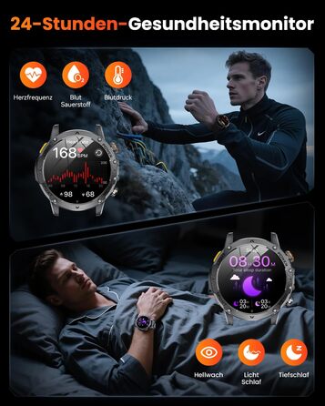 Чоловічий військовий смарт-годинник з акумулятором 1000 мАг, 1,7-дюймовий HD смарт-годинник/світлодіодний ліхтарик/водонепроникність IP68/пульсометр/SpO2/монітор сну/100 спортивних режимів, фітнес-годинник для iOS Android чорний