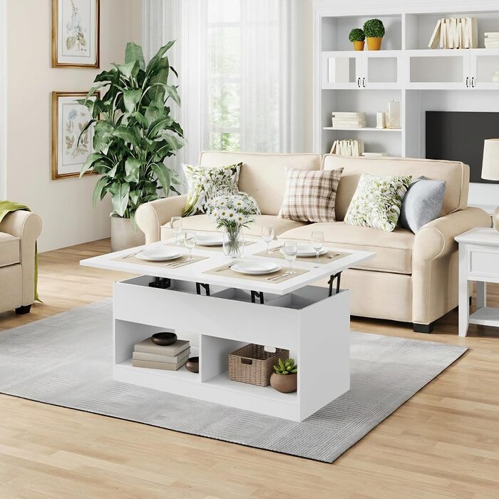 Журнальний столик, стіл для вітальні з регульованою висотою, журнальний столик з підйомною верхньою частиною, 2 відкритих відділення та приховане місце для зберігання, прямокутний бічний столик-диван, можна перетворити на обідній стіл, білий метал