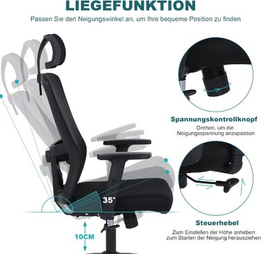 Ергономічне офісне крісло Youhauchair, стілець для роботи з регульованим підголівником та підлокітниками, ергономічне офісне крісло з високою спинкою та функцією гойдання, обертове крісло для домашнього офісу, класичний чорний колір