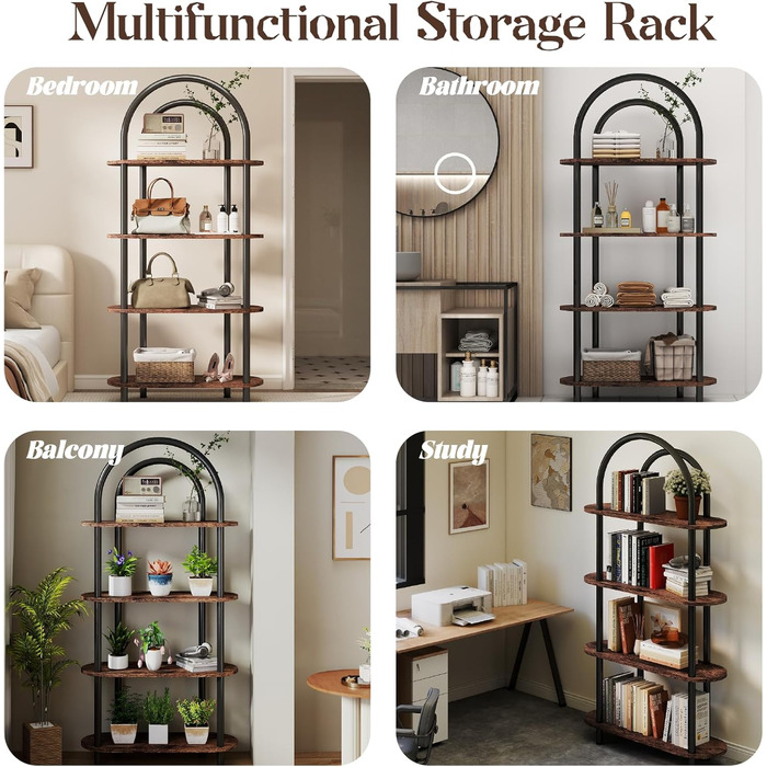 Рівнева вигнута книжкова шафа, книжкова полиця з металевим каркасом та дерев&39яними полицями, висота 165,5 см, полиці для зберігання для вітальні, кабінету, офісу, 80 * 30 * 165,5 см (сільський коричневий) 80*30*165,5 см, 4-