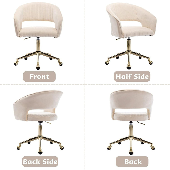 Офісний стілець з шенілу, ергономічне робоче крісло з підлокітниками, обертове крісло з колесами, туалетний стілець, регульована висота для домашнього офісу та офісу, бежевий
