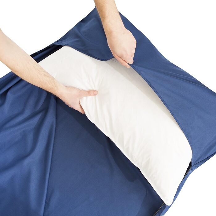 Ультралегкий спальний мішок 2-в-1 із блискавкою (лівий або правий) тонкий, зручний дорожній спальний мішок та дорожня ковдра XL в одному - літній спальний мішок, внутрішній спальний мішок темно-синього кольору - блискавка праворуч