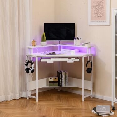 Комп&39ютерний стіл FANTASK L-подібної форми зі світлодіодним підсвічуванням, кутовий стіл з підставкою для клавіатури та монітора, компактний стіл для дому та офісу (білий)