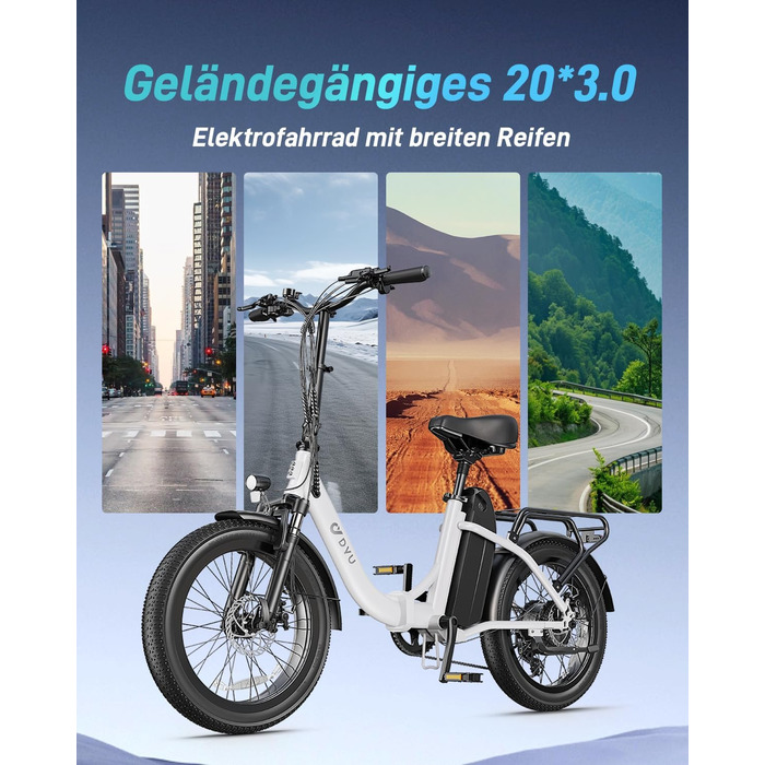 Електричний велосипед DYU C9 E-Bike для чоловіків та жінок - Електровелосипед з акумулятором 48 В 15,6 Аг, колесами 20 x 3,0 дюйма, 7-ступінчастою коробкою передач зі світлодіодним дисплеєм, двигуном 250 Вт та швидкістю 25 км/год, запасом ходу до 150 км, 