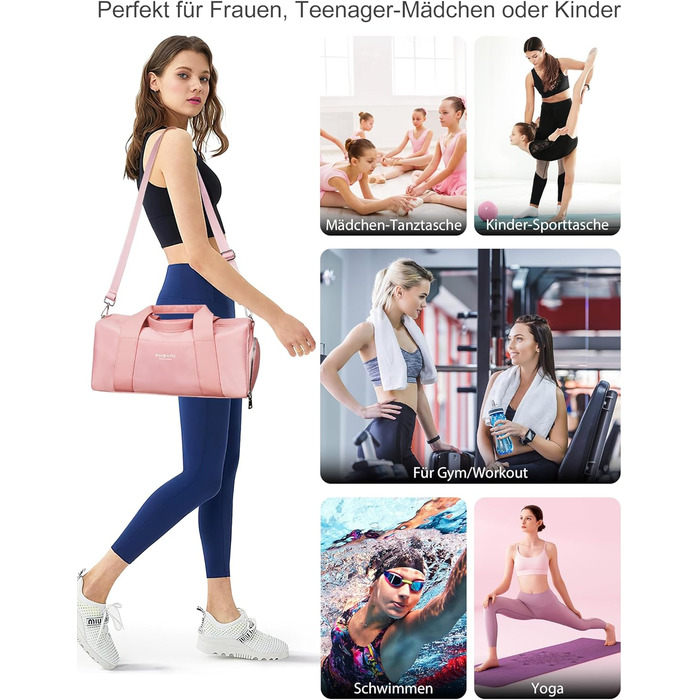 Спортивна сумка 16 дюймів для жінок та дітей, з відділенням для взуття та роздільником для вологих/сухих речей, рожева, малий розмір 16 дюймів