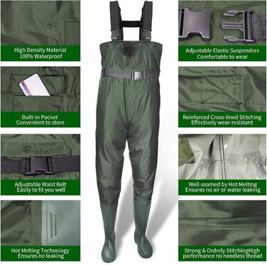 Дитячі водонепроникні вейдерси Croch з гумовими чобітьми, ідеальні для риболовлі та ходьби по воді, розмір 35, зелені