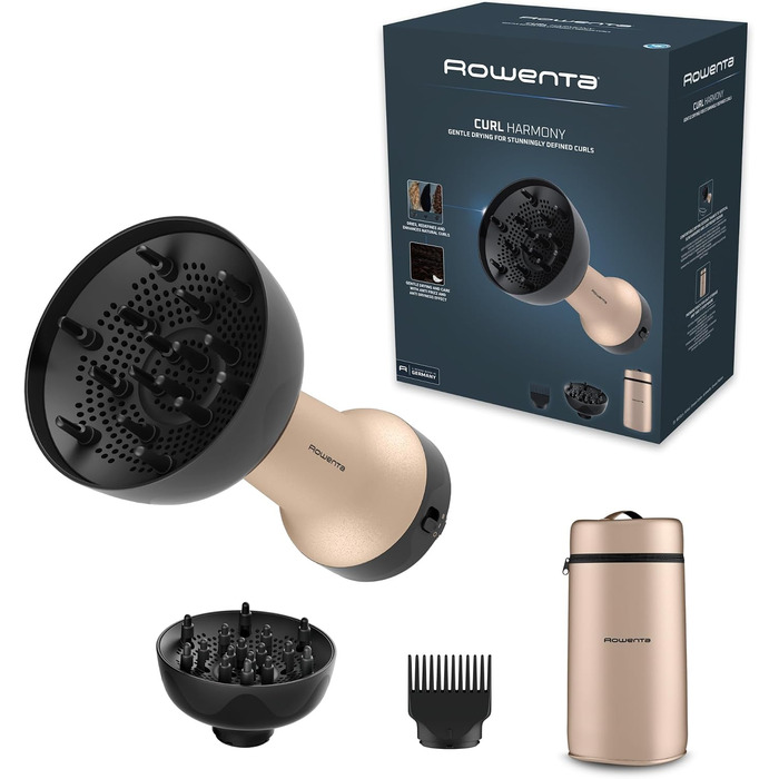 Дифузор для волосся Rowenta Curl Harmony 3-в-1 для кучерявого волосся, ергономічний дизайн, 3 насадки та сумка для зберігання CV7D30E0