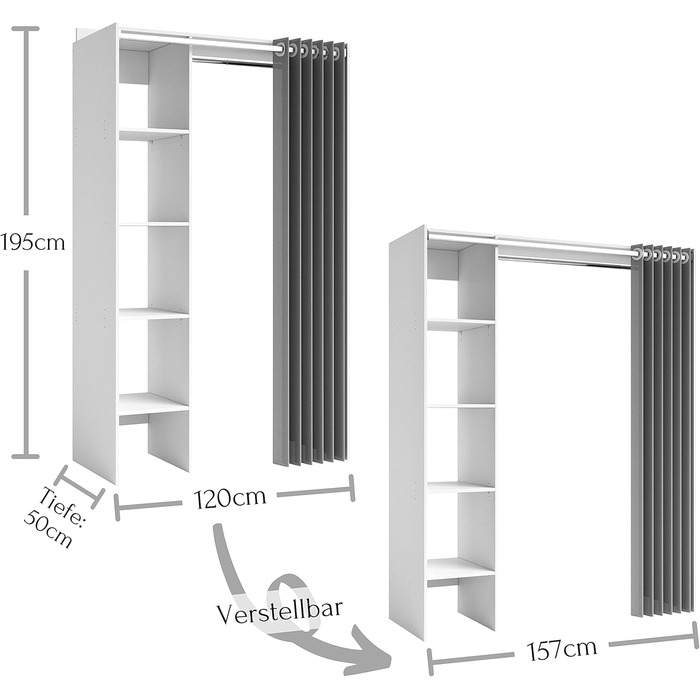 Регульована шафа JENKE біла з тканинною шторою - Універсальна шафа для всього використання з продуманим внутрішнім плануванням - 120-157 x 195 x 50 см (Ш/В/Г)